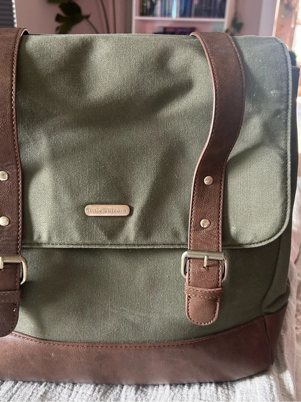 Gray Canvas Baby Backpack with Brown Leather Trim
